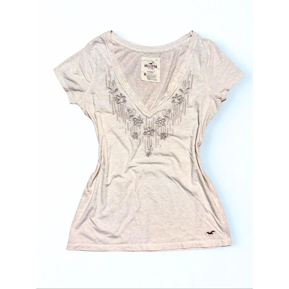 Hollister Cream Beige Embroidered Beaded V Neck Top
